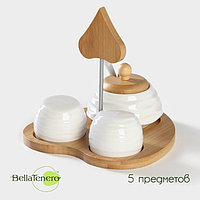 Набор фарфоровый для специй на деревянной подставке BellaTenero, 5 предметов: солонка 80 мл, перечница 80 мл,