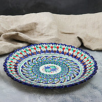 Тарелка Риштанская Керамика "Цветы", синяя, рильефная, 27см