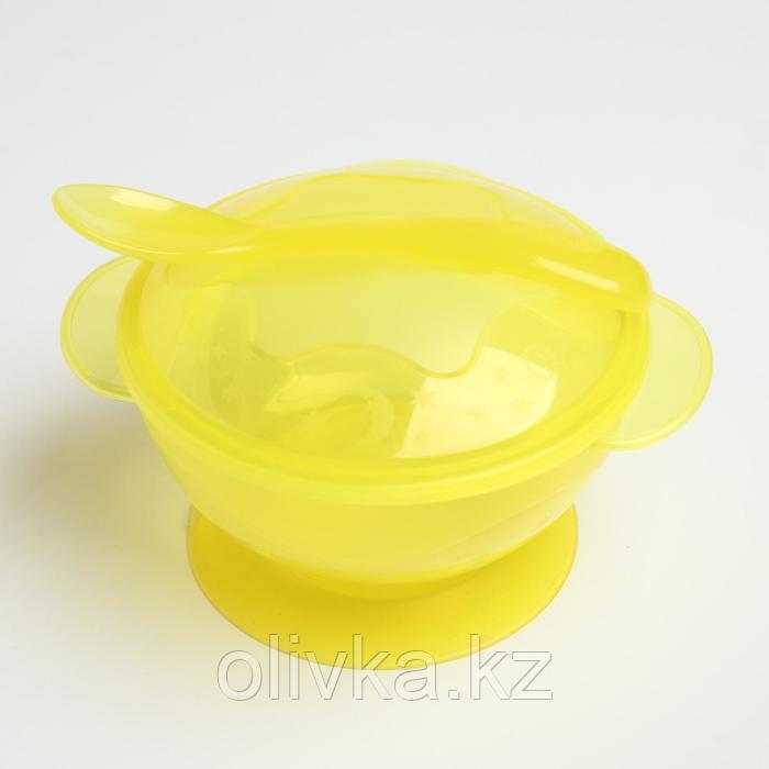 Набор детской посуды, 3 предмета: миска на присоске 330 мл, крышка, ложка, от 5 мес., цветаМИКС - фото 3 - id-p113250966