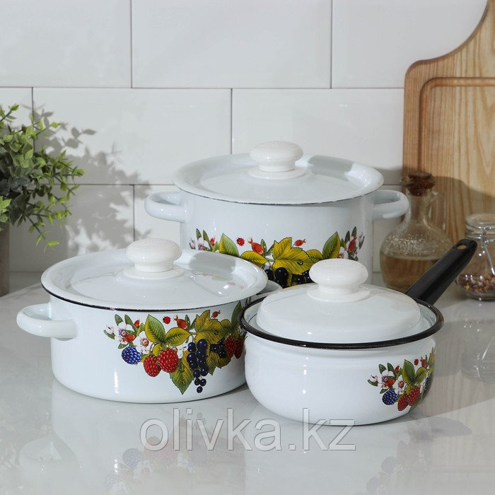 Набор посуды «Ягодный чай», 3 предмета: кастрюли 2 л, 3,5 л; ковш 1,5 л, цвет белый - фото 1 - id-p113245473