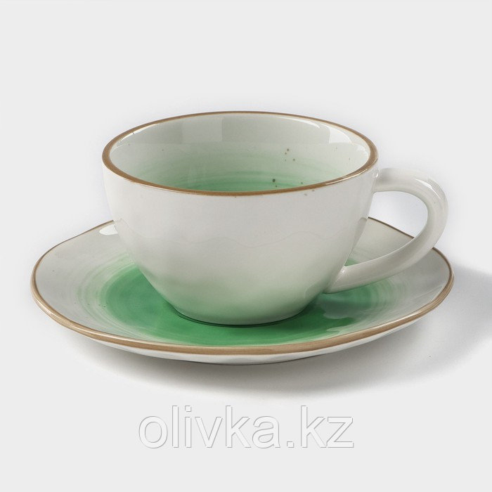 Чайная пара фарфоровая Доляна «Космос», 2 предмета: чашка 250 мл, блюдце d=16 см, цвет зелёный - фото 1 - id-p113254506