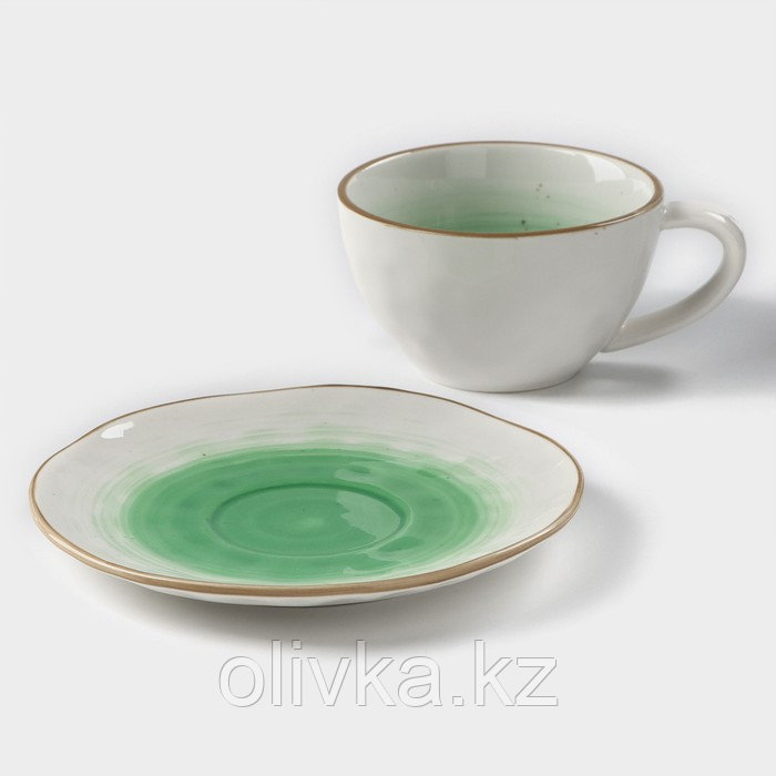 Чайная пара фарфоровая Доляна «Космос», 2 предмета: чашка 250 мл, блюдце d=16 см, цвет зелёный - фото 2 - id-p113254506