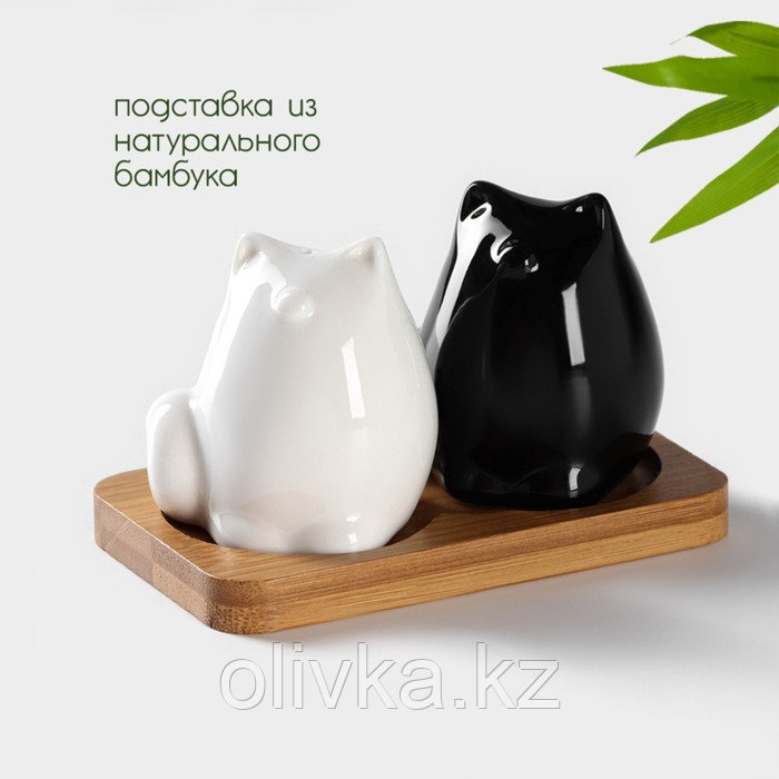 Набор фарфоровый для специй на деревянной подставке «Котики», 3 предмета: солонка, перечница, подставка, цвет - фото 2 - id-p113251901