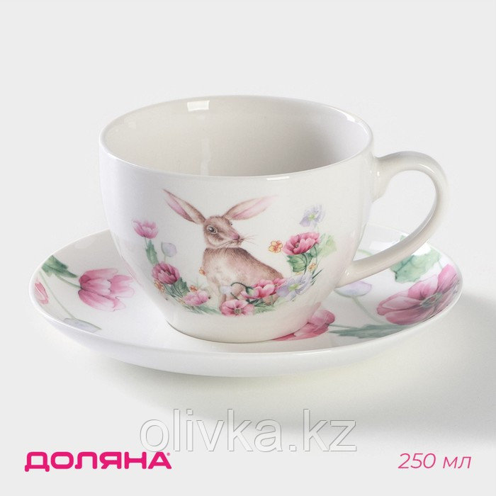 Чайная пара фарфоровая Доляна «Зайка», 2 предмета: чашка 250 мл, блюдце d=15 см, цвет белый - фото 1 - id-p113257222