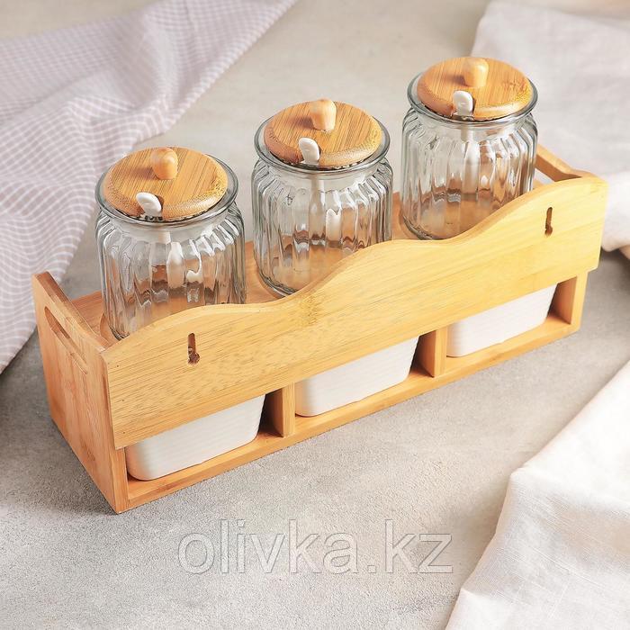Набор банок керамических для сыпучих продуктов с ложками на деревянной подставке «Эстет», 6 предметов: 3 банки - фото 2 - id-p113256402