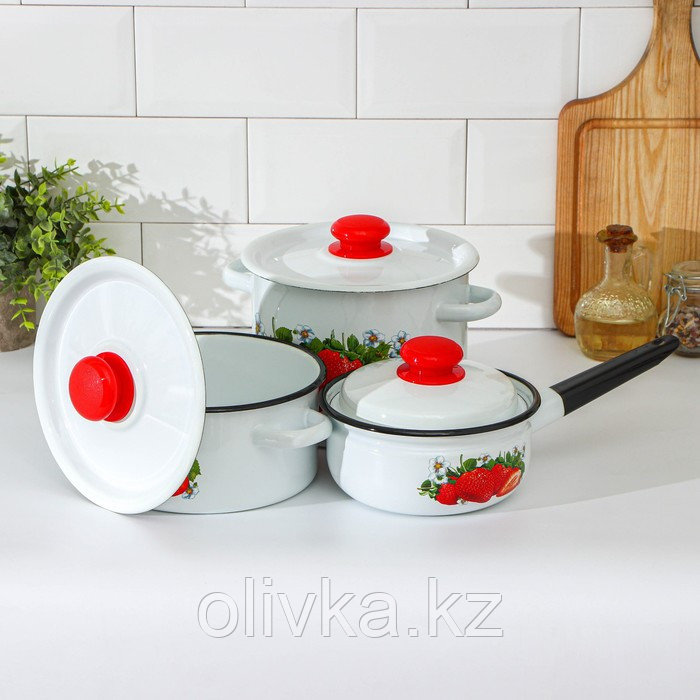 Набор посуды «Клубника садовая», 3 предмета: кастрюли 2/3,5 л; ковш с крышкой 1,5 л, индукция, цвет белый - фото 2 - id-p113245534