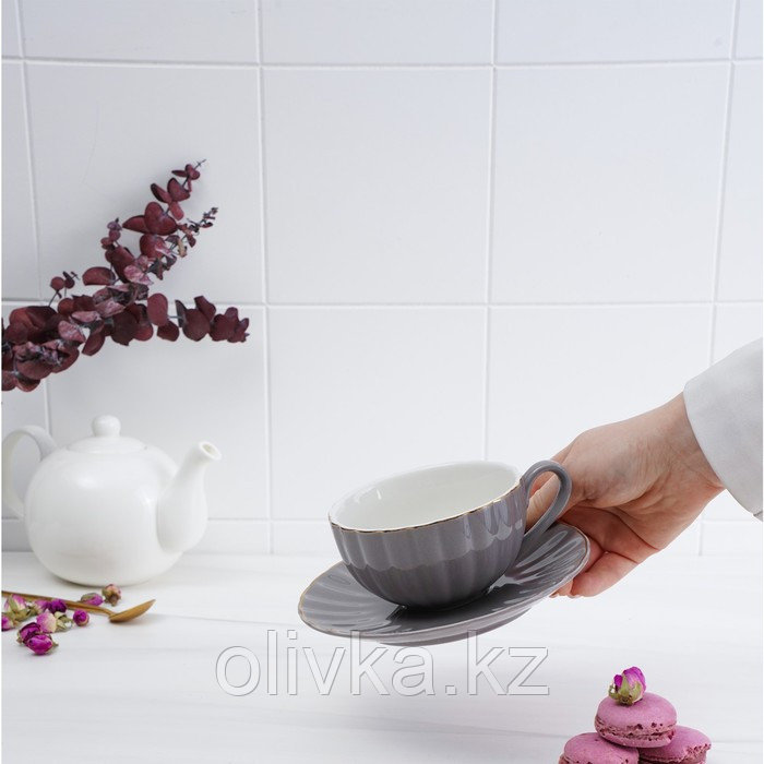 Чайная пара фарфоровая Доляна «Вивьен», 2 предмета: чашка 200 мл, блюдце d=15 см, цвет серый - фото 5 - id-p113254573