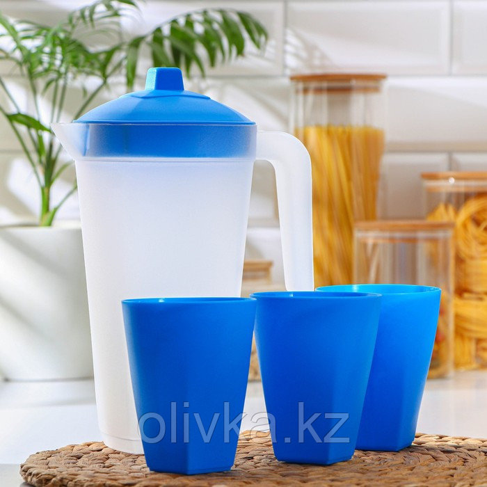 Набор для напитков пластиковый, 4 предмета, Кувшин 2 л, 3 стакана 500 мл, 20×12×26 см, цвет голубой - фото 2 - id-p113266541