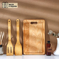 Подарочный набор деревянной посуды Adelica, доска разделочная, 2 лопатки, 29×18×1,8 см, масло в подарок 100