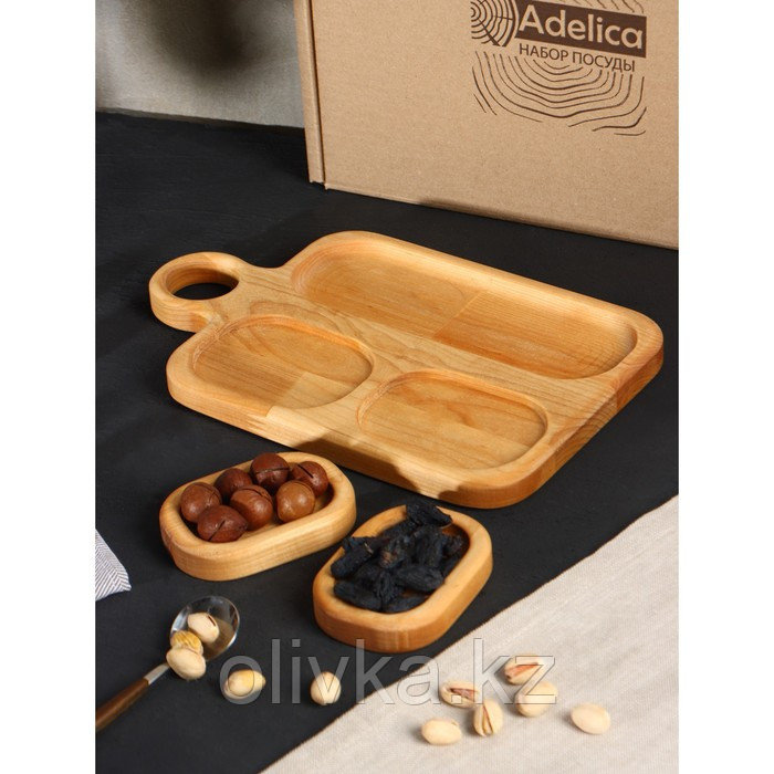 Подарочный набор деревянной посуды Adelica, доска сервировочная 3 секции, 2 менажницы съёмные, масло в подарок - фото 4 - id-p113269059