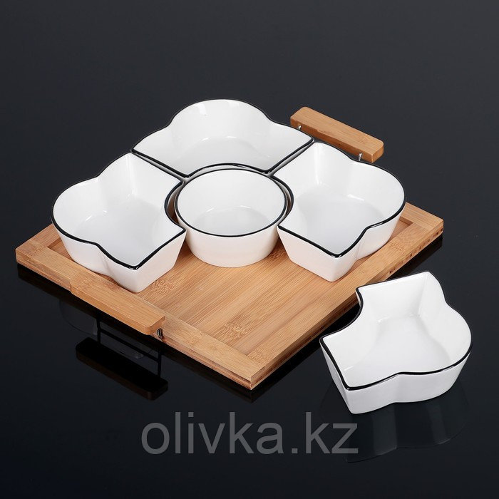 Набор салатников керамический с крышкой на деревянной подставке «Эстет. Квадрат», 5 предметов, 33×27,5×11 см, - фото 5 - id-p113251953