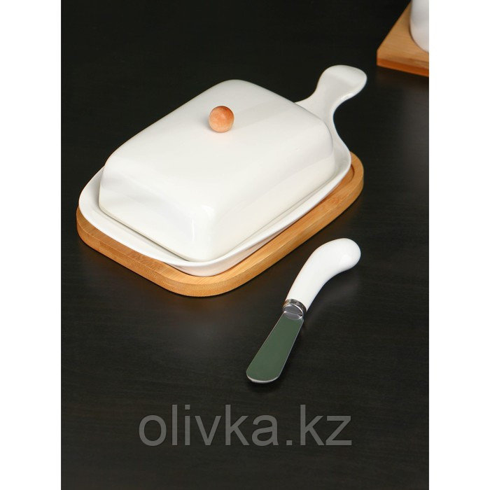 Маслёнка фарфоровая на деревянной подставке с ножом BellaTenero, 330 мл, цвет белый - фото 4 - id-p113271007