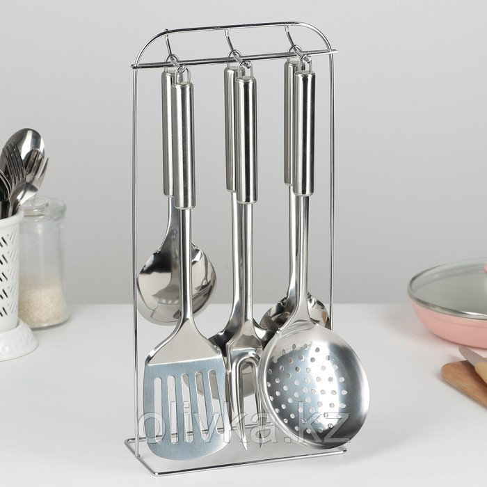 Набор кухонных принадлежностей «Металлик», 6 предметов, на подставке - фото 1 - id-p113251968