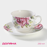 Чайная пара фарфоровая Доляна «Роза», 2 предмета: чашка 250 мл, блюдце d=15 см