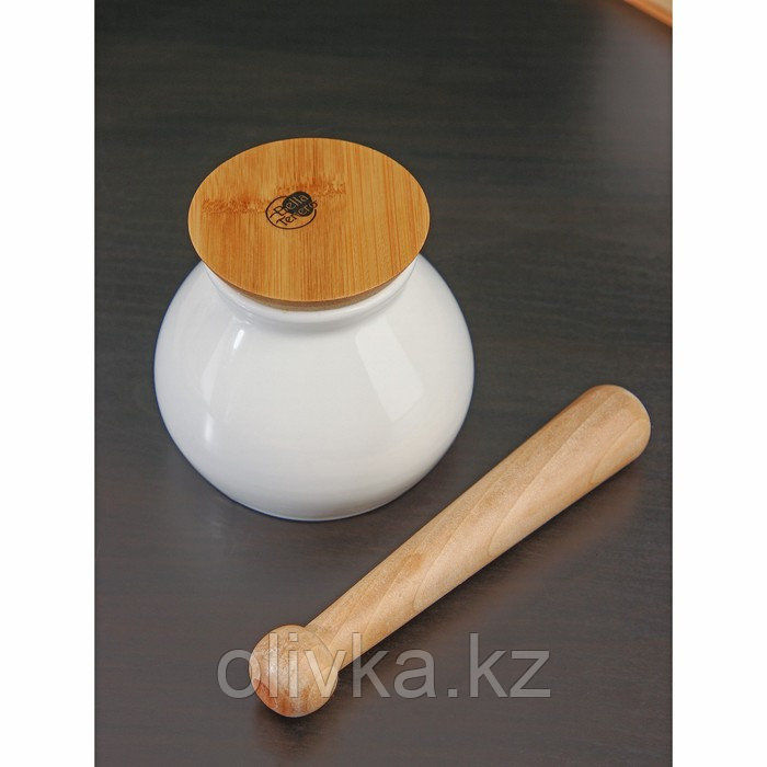 Ступка фарфоровая для специй с пестиком на деревянной подставке BellaTenero, 380 мл, цвет белый - фото 5 - id-p113271048