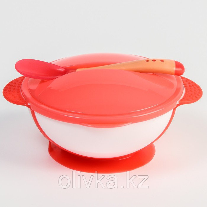 Набор детской посуды: миска на присоске 340мл., с крышкой, термоложка, цвет розовый - фото 1 - id-p113263254