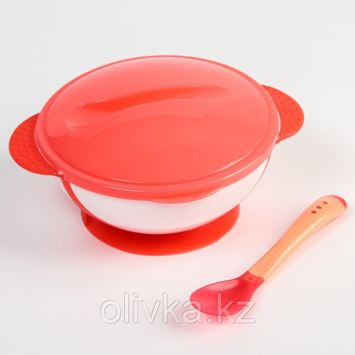 Набор детской посуды: миска на присоске 340мл., с крышкой, термоложка, цвет розовый - фото 2 - id-p113263254