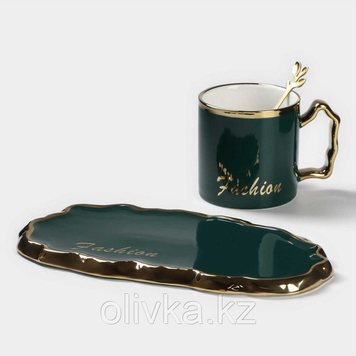 Чайная пара керамическая «Роскошь», 3 предмета: кружка 250 мл, блюдце 23,5×13 см, ложка, цвет зелёный - фото 3 - id-p113277195