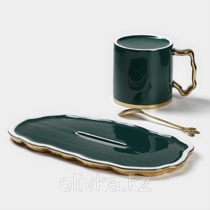 Чайная пара керамическая «Роскошь», 3 предмета: кружка 250 мл, блюдце 23,5×13 см, ложка, цвет зелёный - фото 6 - id-p113277195