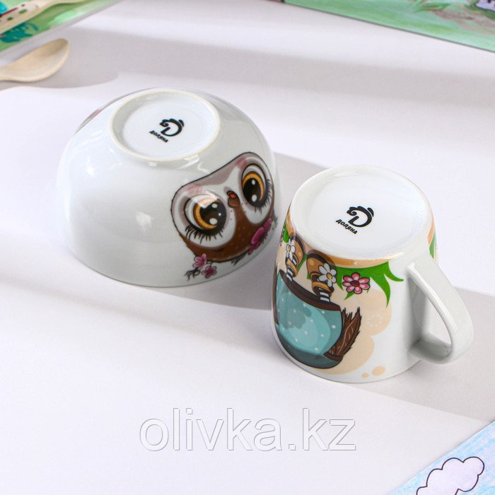 Набор детской посуды из керамики Доляна «Совенок», 2 предмета: кружка 230 мл, миска 400 мл - фото 3 - id-p113267410