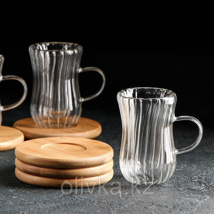Сервиз чайный из стекла «Дафна», 12 предметов: 6 кружек 70 мл, 6 бамбуковых подставок d=9,8 см - фото 2 - id-p113265810
