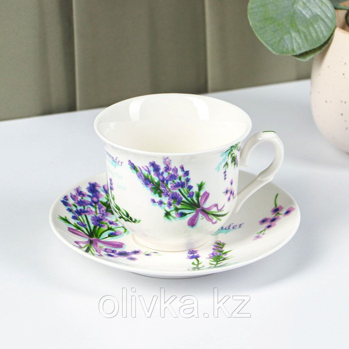 Чайная пара фарфоровая Доляна «Лаванда», 2 предмета: чашка 220 мл, блюдце d=14,1 см, цвет белый - фото 1 - id-p113252037