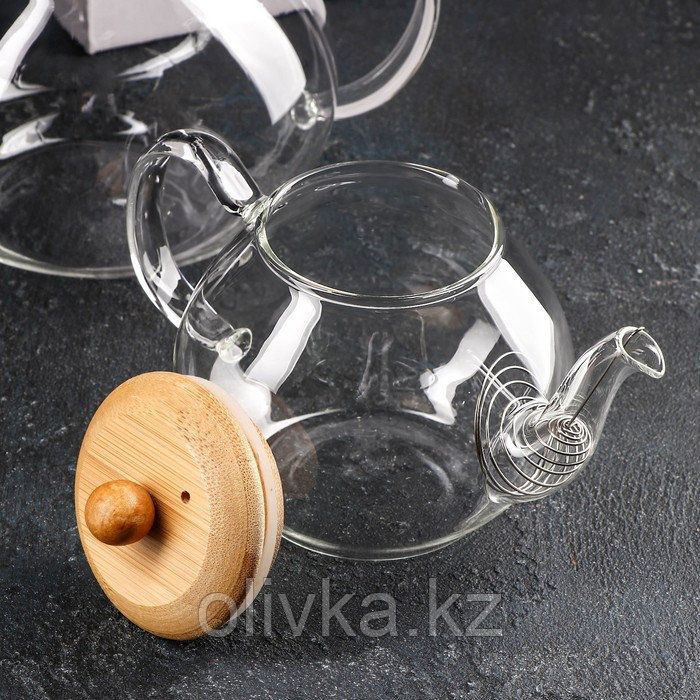 Набор стеклянных чайников с бамбуковой крышкой и металлическим ситом, 480 мл, 1,2 л, 2 шт - фото 3 - id-p113254715