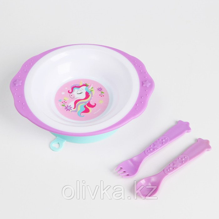 Набор детской посуды «Единорожек», тарелка на присоске 250мл, вилка, ложка - фото 1 - id-p113264110