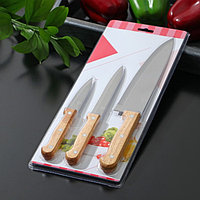 Ножи кухонные Wооd, набор 3 шт, лезвие: 8 см, 12 см, 19,5 см, ручка деревянная