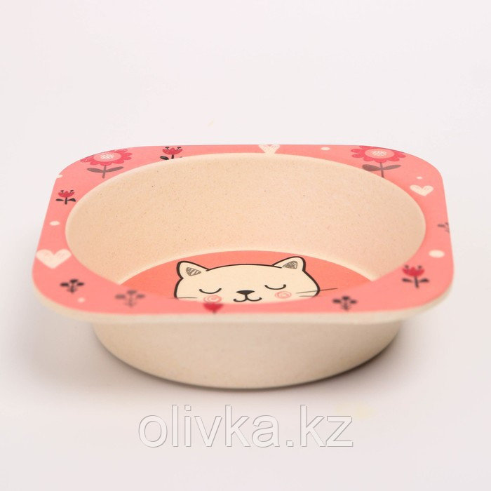 Набор детской бамбуковой посуды «Кошечка», тарелка, миска, стакан, приборы, 5 предметов - фото 4 - id-p113253810