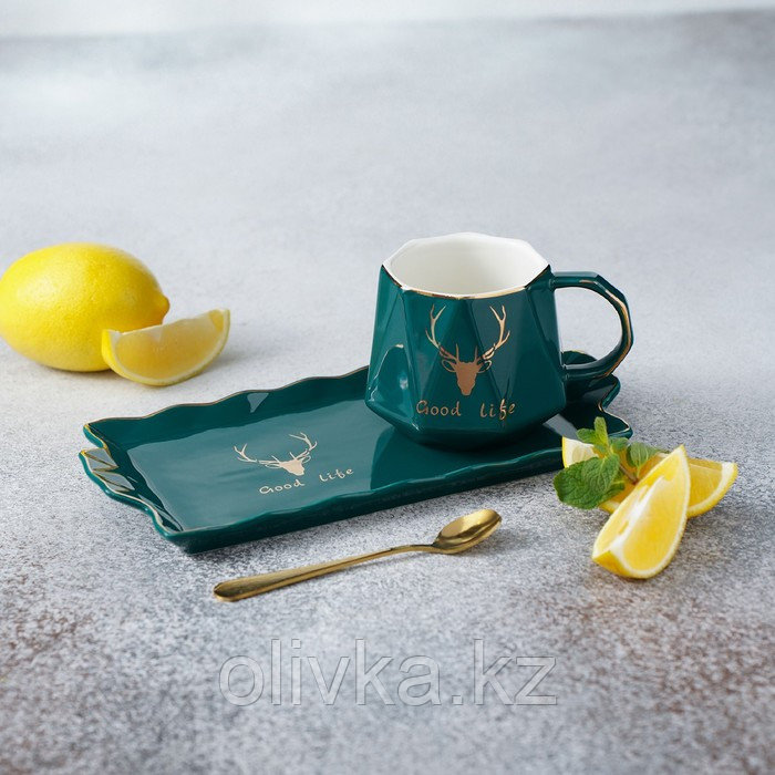 Чайная пара керамическая «Золотое копытце», 3 предмета: чашка 320 мл, тарелка 25×12×2 см, ложка, цвет зелёный - фото 3 - id-p113258995