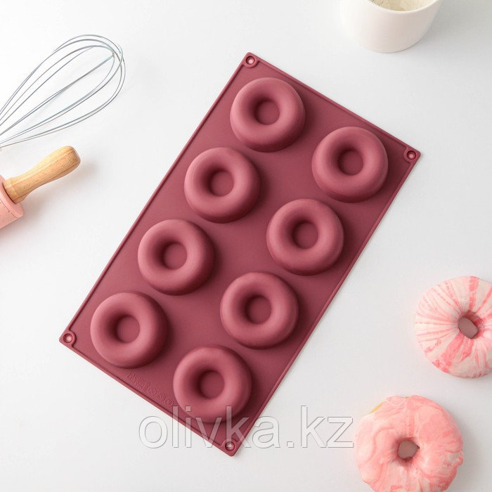 Форма силиконовая для выпечки Доляна «Пончики», 29×17 см, 8 ячеек, d=6 см, цвет МИКС - фото 1 - id-p113242859