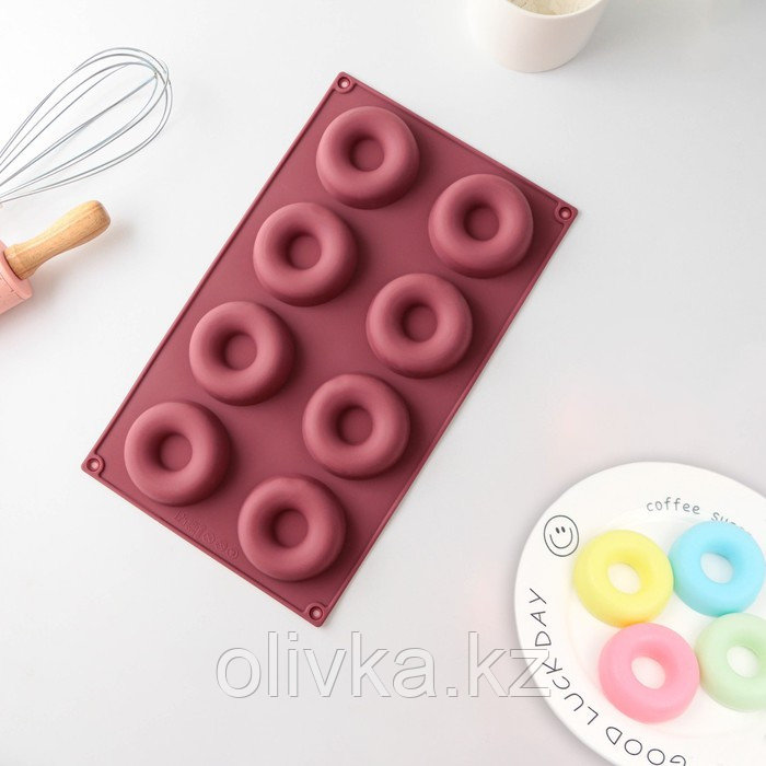 Форма силиконовая для выпечки Доляна «Пончики», 29×17 см, 8 ячеек, d=6 см, цвет МИКС - фото 2 - id-p113242859