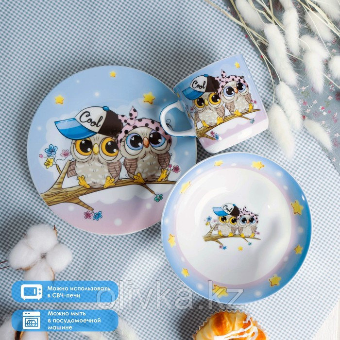 Набор детской посуды из керамики Доляна «Совы тинейджеры», 3 предмета: кружка 230 мл, миска 400 мл, тарелка - фото 1 - id-p113253817