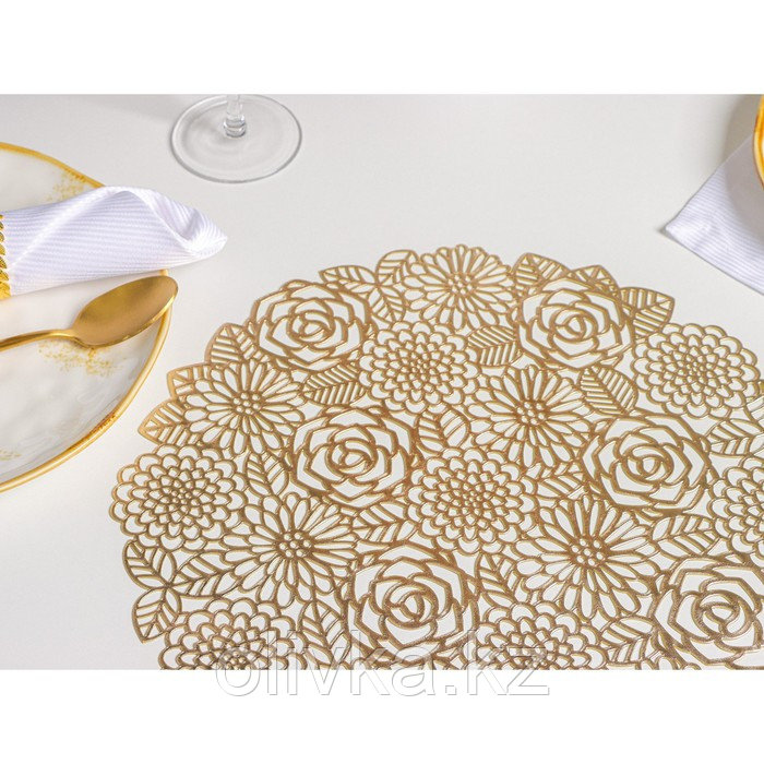 Набор салфеток сервировочных на стол Доляна «Розы», 4 шт, d=38 см, цвет золотой - фото 3 - id-p113261685
