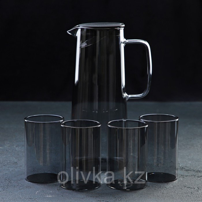Набор для напитков из стекла Magistro «Дарк», 5 предметов: кувшин 1,35 л, 4 стакана 320 мл, цвет тёмно-серый - фото 1 - id-p113269240