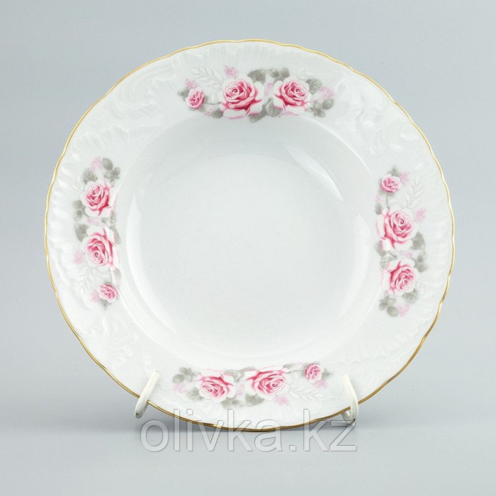 Тарелка глубокая 22.5 см, Rococo, декор «Бледные розы, отводка золото» - фото 1 - id-p113265893