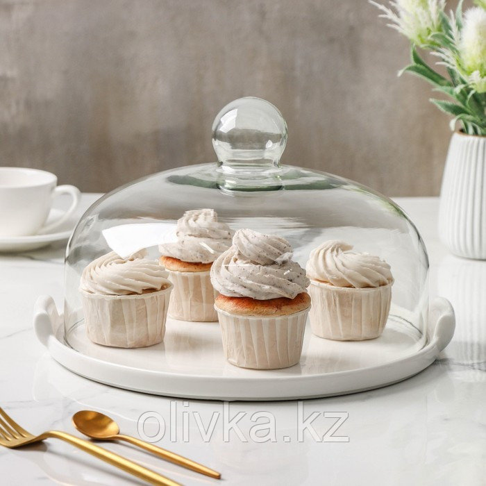Блюдо керамическое с крышкой-клош для десертов Valencia, 31×28×19 см, цвет белый - фото 2 - id-p113250323