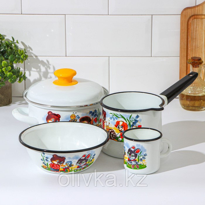 Набор посуды «Улыбка», 4 предмета: кастрюля 1,5 л, ковш 1 л, кружка 250 мл, миска 800 мл, индукция, цвет белый - фото 1 - id-p113256687