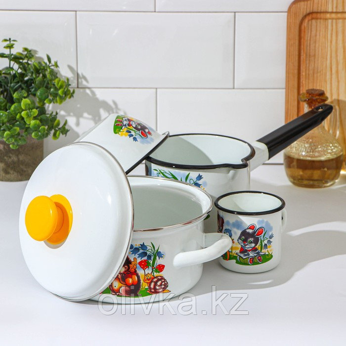Набор посуды «Улыбка», 4 предмета: кастрюля 1,5 л, ковш 1 л, кружка 250 мл, миска 800 мл, индукция, цвет белый - фото 2 - id-p113256687