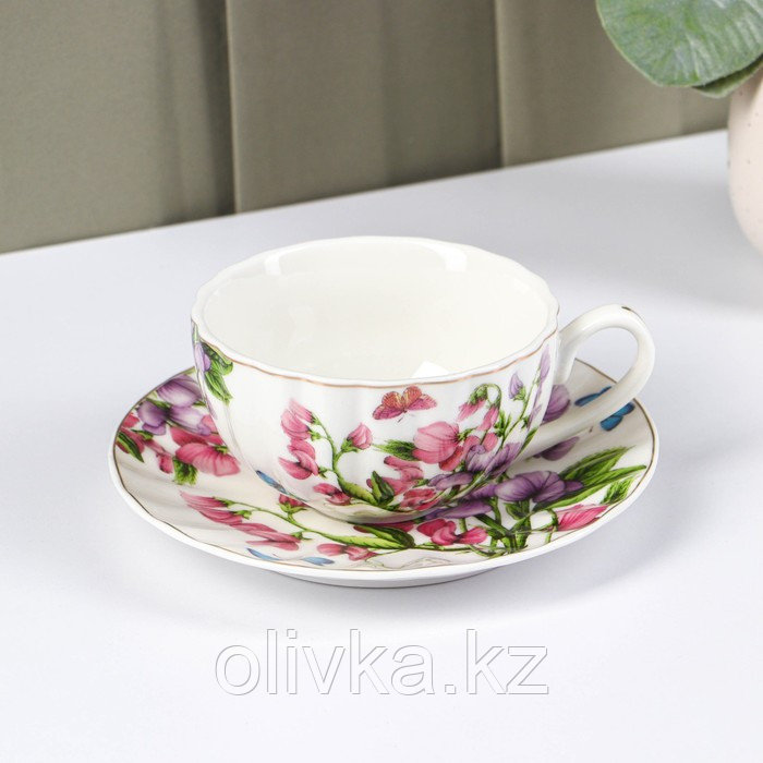 Чайная пара керамическая Доляна «Колокольчики», 2 предмета: чашка 250 мл, блюдце d=15 см, цвет белый - фото 1 - id-p113243935