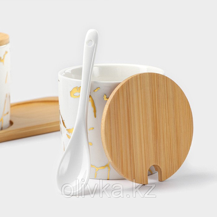 Набор банок керамических с ложками на деревянной подставке «Эстет. Gold», 2 предмета: 300 мл, цвет белый - фото 3 - id-p113264208