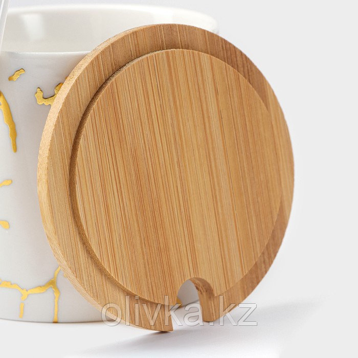 Набор банок керамических с ложками на деревянной подставке «Эстет. Gold», 2 предмета: 300 мл, цвет белый - фото 4 - id-p113264208