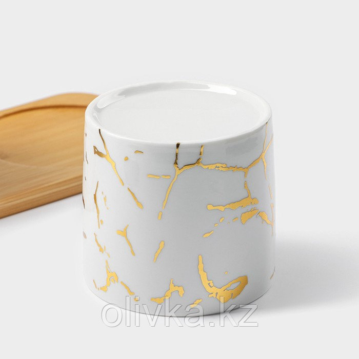 Набор банок керамических с ложками на деревянной подставке «Эстет. Gold», 2 предмета: 300 мл, цвет белый - фото 6 - id-p113264208