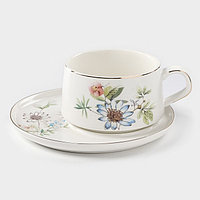 Чайная пара керамическая «Вернисаж», 2 предмета: чашка 280 мл, блюдце, цвет белый