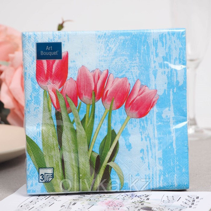 Салфетки бумажные "Art Bouquet" Красные тюльпаны на голубом, 3 слоя,33x33, 20 листов - фото 1 - id-p113265135