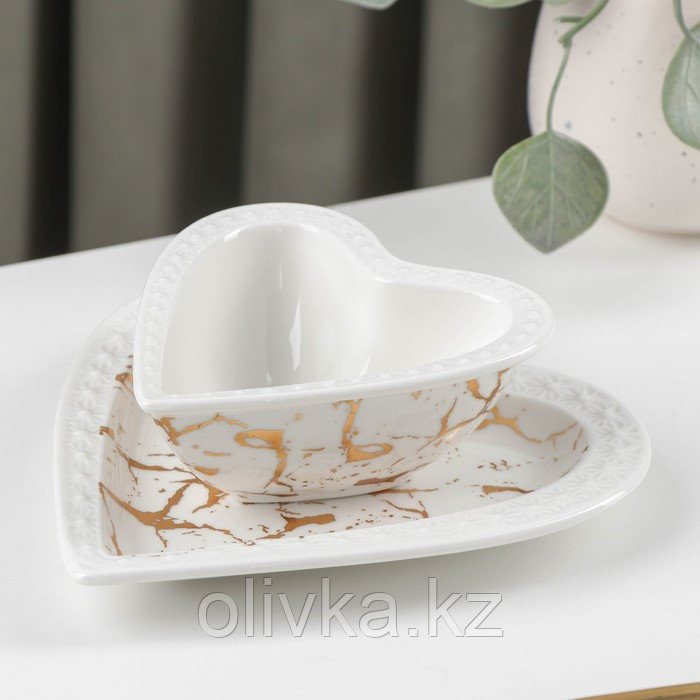 Набор керамический столовый «Марбл», 2 предмета: салатник 150 мл, блюдо 16,5×17×2 см, цвет белый - фото 1 - id-p113263423