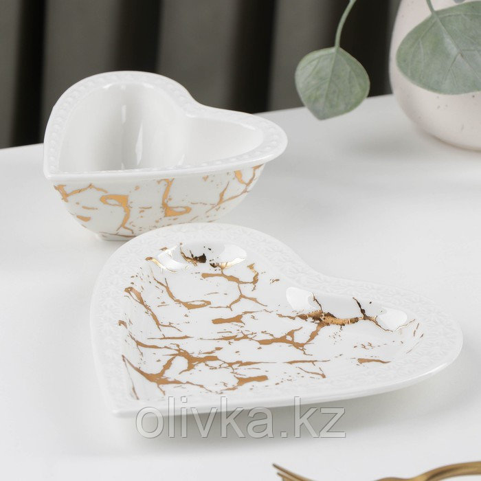Набор керамический столовый «Марбл», 2 предмета: салатник 150 мл, блюдо 16,5×17×2 см, цвет белый - фото 2 - id-p113263423