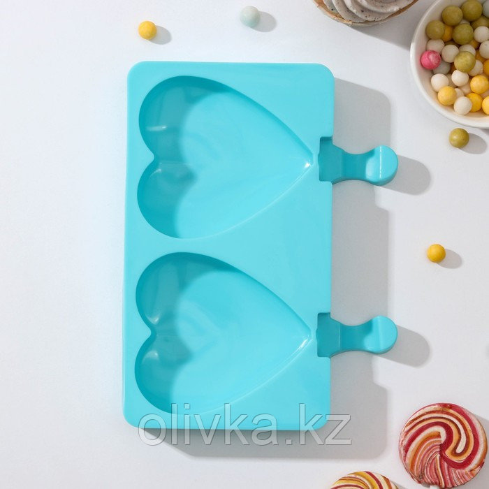 Форма силиконовая для мороженого «Сердечко», 19,5×14×2,5 см, 2 ячейки (8,4×9 см), цвет МИКС - фото 1 - id-p113251356