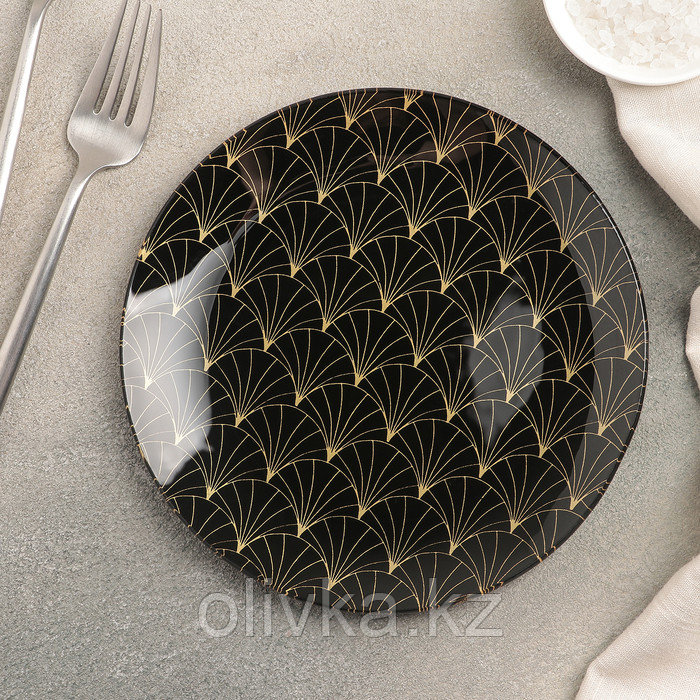 Тарелка стеклянная пирожковая Доляна «Золотое перо», d=17,5 см, цвет чёрный - фото 1 - id-p113256768
